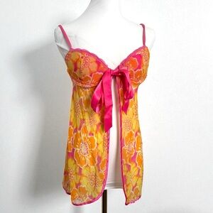 Y2K Floral Sheer Babydoll Top Pink Orange Ribbon Bow Coquette Lingerie M